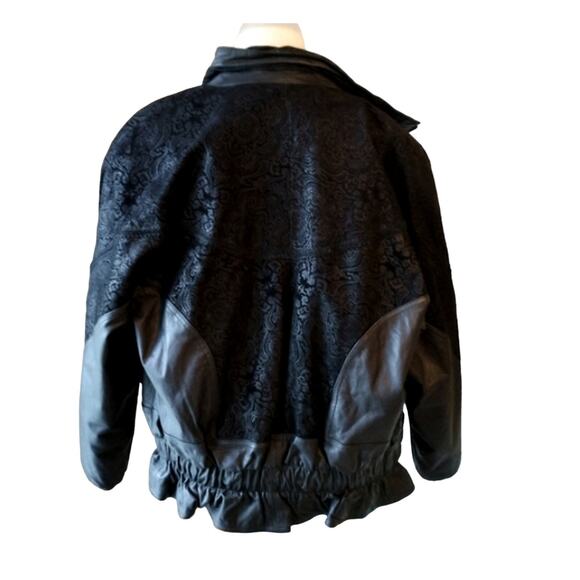 Y2K Bomber Jacket Sz M Black Texture Leather Patchwork Moto Collect VNT 80s - Picture 6 of 16